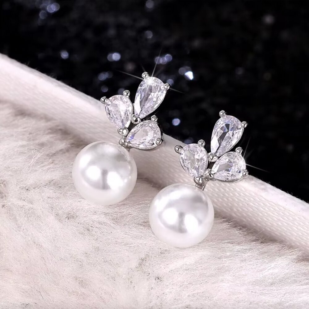 925 Sterling Silver Pearl Diamond Earrings Cute Pearl Studs